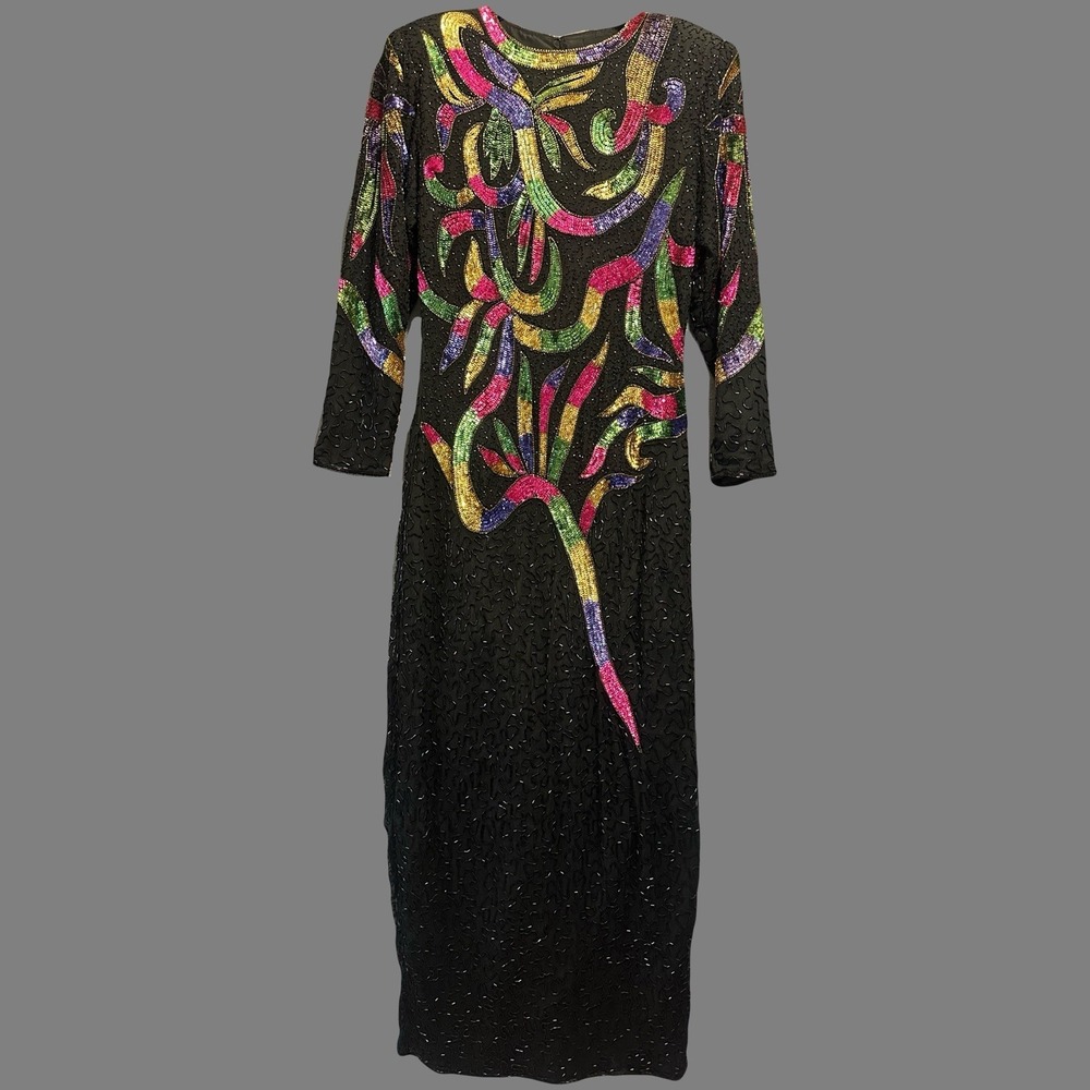 VTG 80s Tan Chho 100% Pure Silk Beaded Dress Formal Gown Size L Dynasty‎ Glam